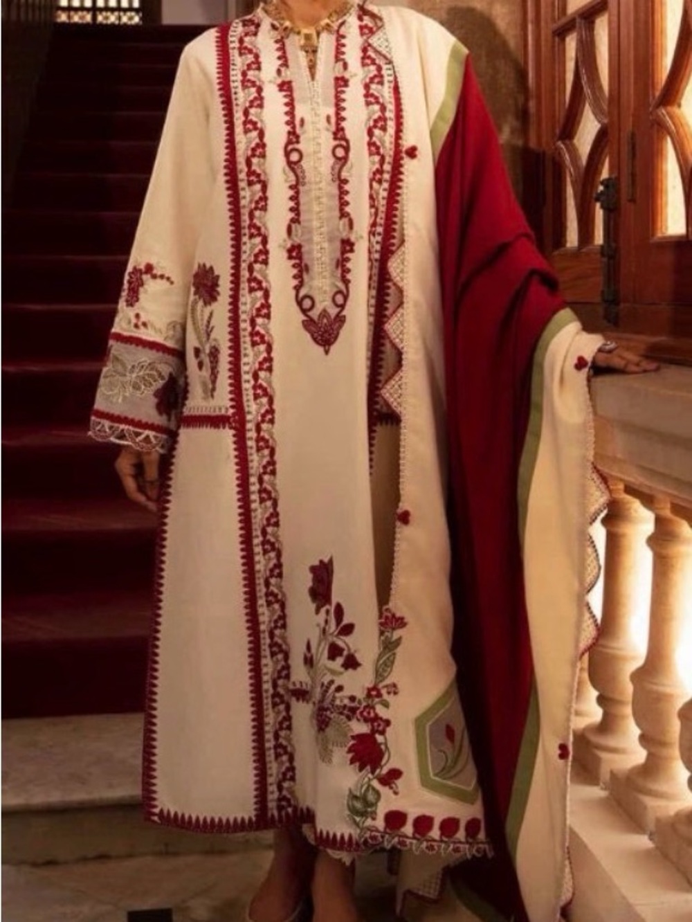 Ivory Long Sleeve Embroidered Dress with Red Shawl